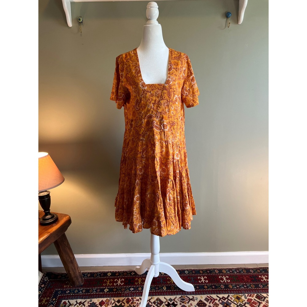 Patrons of Peace Marigold Paisley Floral Tiered Mini Dress Orange Boho‎ Medium